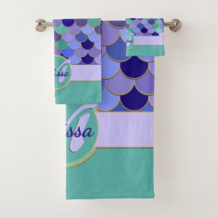 Monogramm + Name Mermaid Aqua Aquamarin Lila Blue Badhandtuch Set