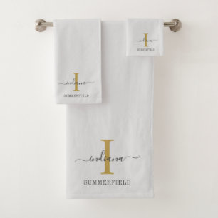 Monogramm Name Minimalistisch Gold Grau Schriftzug Badhandtuch Set