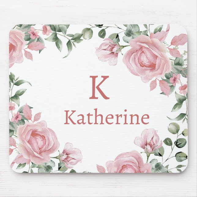 Monogramm Name mit rosa Rose Mousepad (Vorne)