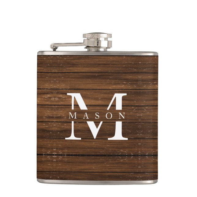 Monogramm Name Moderne rustikale Holzart Weiße Kla Flachmann (Vorderseite)