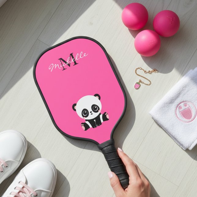 Monogramm Name Niedlich Panda Einfach Rosa Pickleball Schläger (Von Creator hochgeladen)