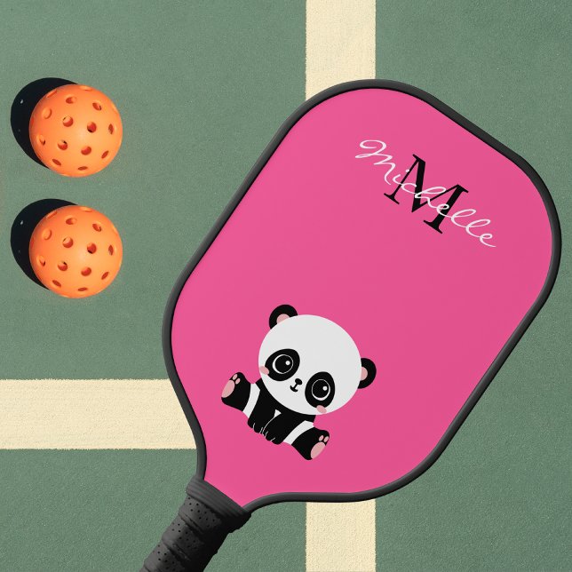 Monogramm Name Niedlich Panda Einfach Rosa Pickleball Schläger (Von Creator hochgeladen)