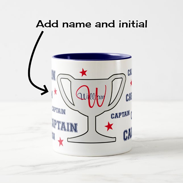 Monogramm Name personalisiert für Sportkapitän Zweifarbige Tasse (Showing 'two-tone' mug, navy option)