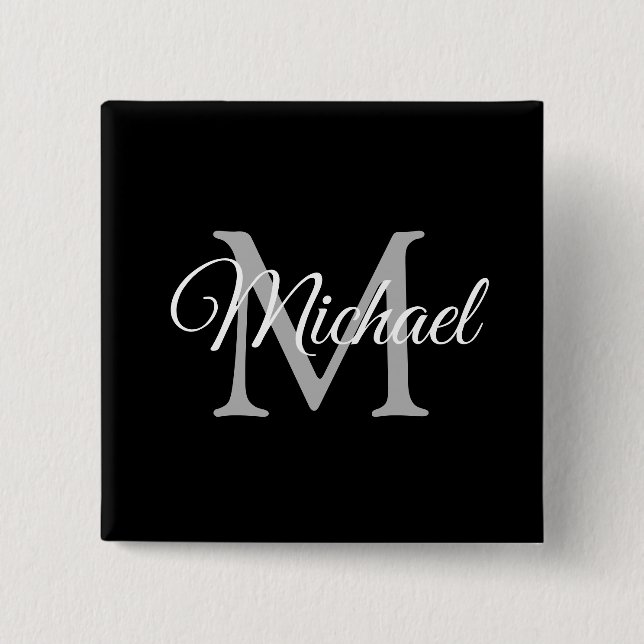 Monogramm Name Personalisiert Schwarz Vorlagenquad Button (Vorderseite)