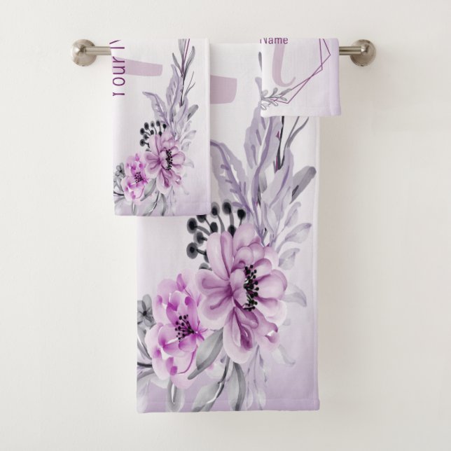 Monogramm Name Pink Floral Violett Lila Rahmen Badhandtuch Set (Insitu)