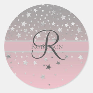 Monogramm Name Pink Grau Silber Sterne Trendy Runder Aufkleber