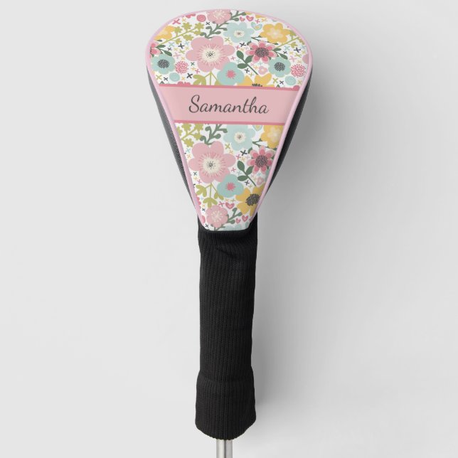 Monogramm Name Pink Yellow Blue Floral Feminine Golf Headcover (Vorderseite)