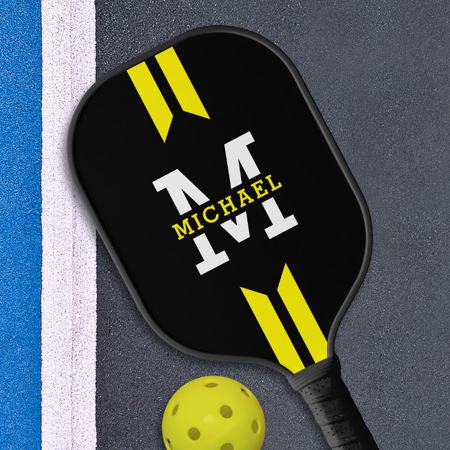 Monogramm Name Racer Gelber Streifen Pickleball Schläger (Von Creator hochgeladen)