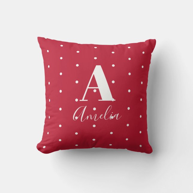 Monogramm Name Red Polka Dots Muster Kissen (Vorderseite)