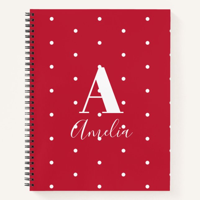 Monogramm Name Red Polka Dots Muster Notizbuch (Vorderseite)
