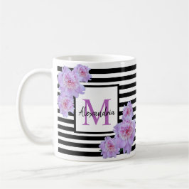 Monogramm Name Rosa Blume Schwarzer Streifen Kaffeetasse