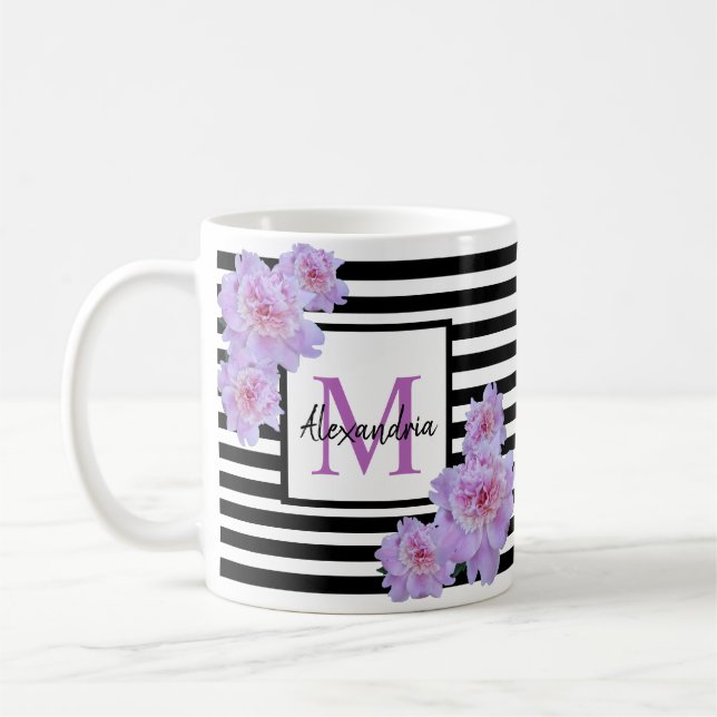 Monogramm Name Rosa Blume Schwarzer Streifen Kaffeetasse (Links)