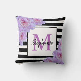 Monogramm Name Rosa Blume Schwarzer Streifen Lila Kissen