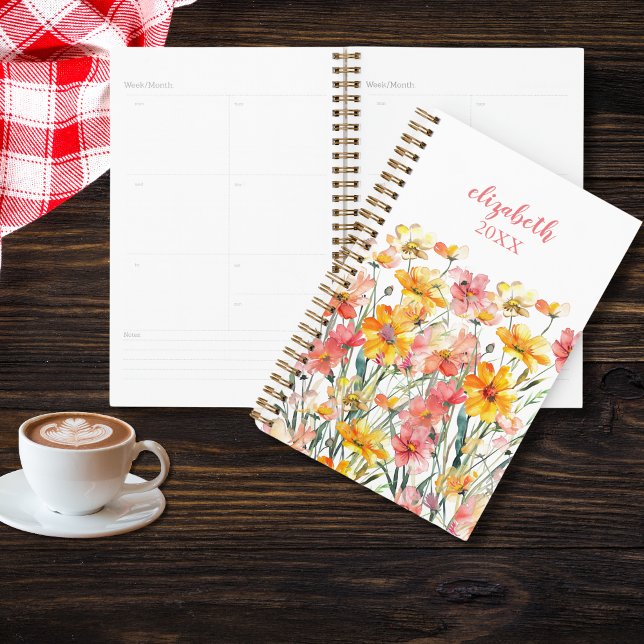 Monogramm Name Rosa Gelbe Wildblumen Blumenkohl Planer (Monogrammed name initials pink and yellow wildflowers floral yearly planner)