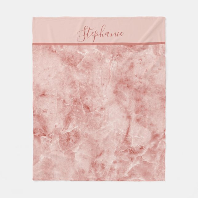 Monogramm Name Rosa Korallenweiße Marmor Fleecedecke (Vorderseite)