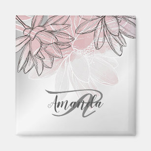 Monogramm Name Rosa Weiße Blume Aquarellsilber Magnet