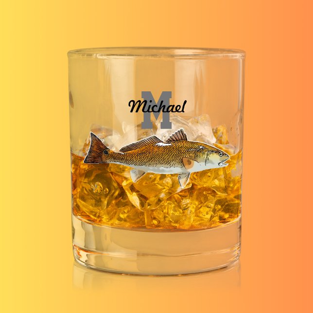 Monogramm Name Rotbarsch Fischen Männer Sport im F Whiskyglas (Monogram Saltwater Fishing Redfish Drum Whiskey Glass)