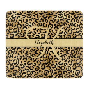 Monogramm Name Schwarz Gold Leopard Cheetah Druck  Schneidebrett