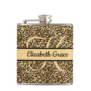 Monogramm Name Schwarz Gold Leopardenprint Gepard Flachmann