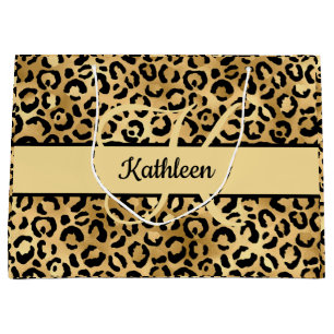 Monogramm Name Schwarz Gold Leopardenprint Gepard Große Geschenktüte