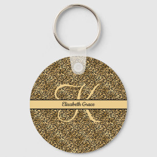 Monogramm Name Schwarz Gold Leopardenprint Gepard  Schlüsselanhänger
