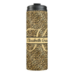 Monogramm Name Schwarz Gold Leopardenprint Gepard Thermosbecher