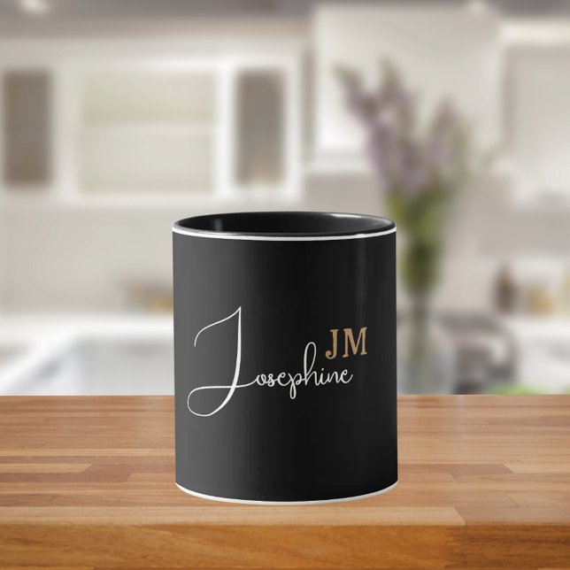 Monogramm Name Schwarz Gold Modern Tasse (Von Creator hochgeladen)