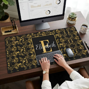 Monogramm-Name Schwarz Gold Royal Barock Damast Schreibtischunterlage