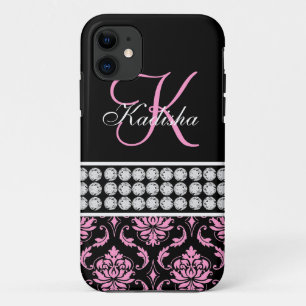 Monogramm Name Schwarz Pink Damast iPhone 5 Hülle