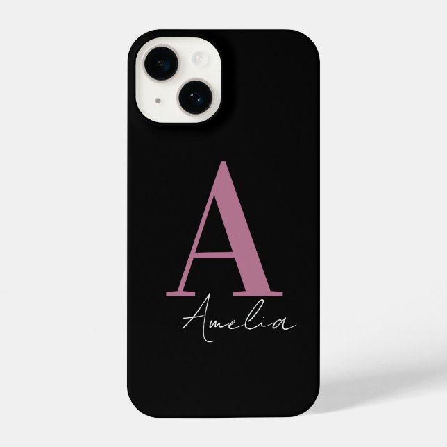 Monogramm Name Schwarz Pink iPhone 14 Hülle (Rückseite)