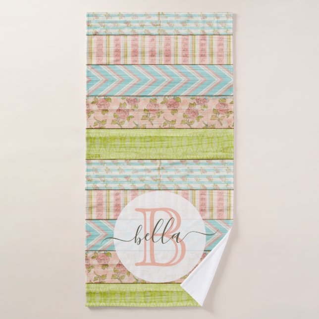 Monogramm Name Shabby-Rose auf rustikale Hütte Badehandtuch (Badehandtuch)