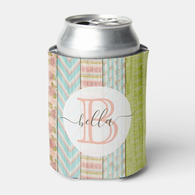 Monogramm Name Shabby-Rose auf rustikale Hütte Dosenkühler (Kanne Vorderseite)