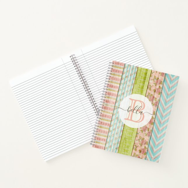 Monogramm Name Shabby-Rose auf rustikale Hütte Notizbuch (Innenseite)