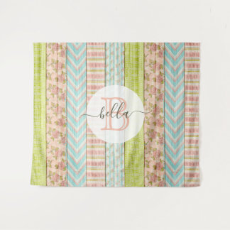 Monogramm Name Shabby-Rose auf rustikale Hütte Wandteppich