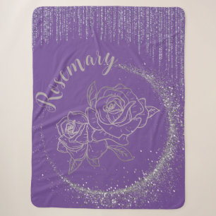 Monogramm Name Silver Glitzer und Rose auf lila Sherpadecke