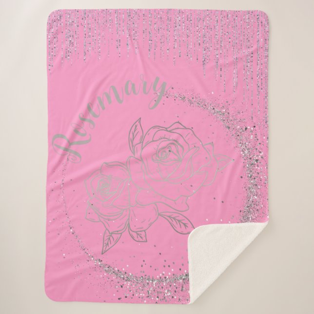 Monogramm Name Silver Glitzer und Rose auf rosa | Sherpadecke (Vorderseite)