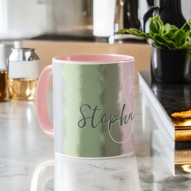 Monogramm Name-Skript ombre green pulver lila Tasse (Von Creator hochgeladen)