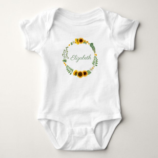 Monogramm Name Sunflores Gelbgrün Baby Strampler (Vorderseite)