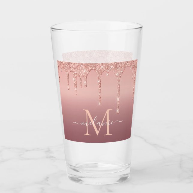 Monogramm Name Text Rose Gold Blush Glitzer Glass Glas (Vorderseite)