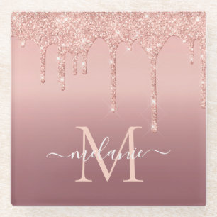 Monogramm Name Text Rose Gold Glass Untersetzer