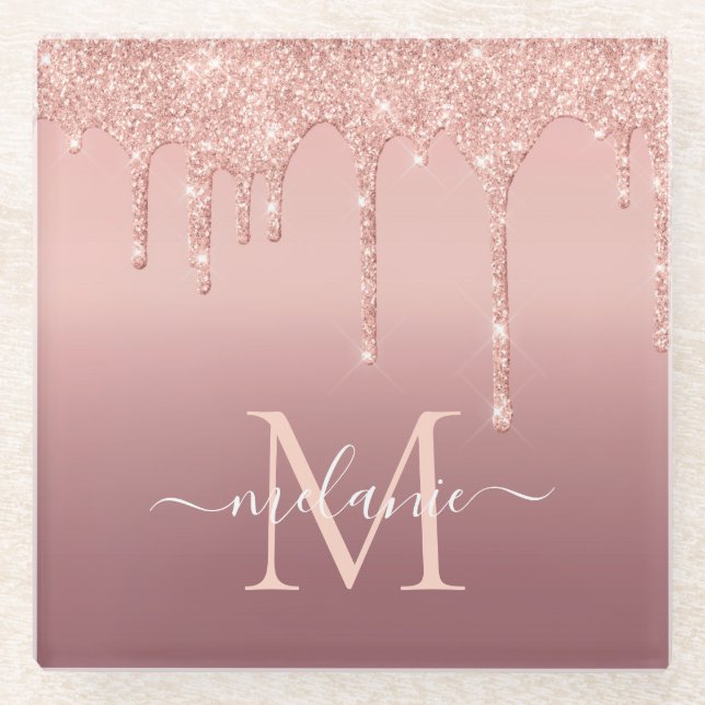 Monogramm Name Text Rose Gold Glass Untersetzer (Vorderseite)