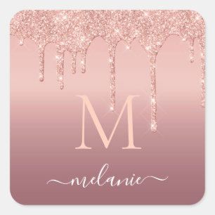Monogramm Name Text Roségold Rosarot Glitter Funke Quadratischer Aufkleber