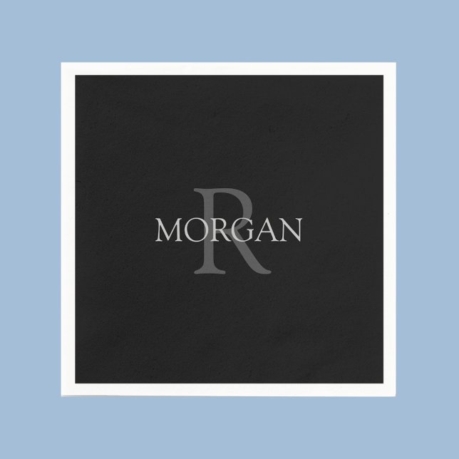 Monogramm & Name, Trendiges Schwarz mit grauem Tex Serviette (Von Creator hochgeladen)