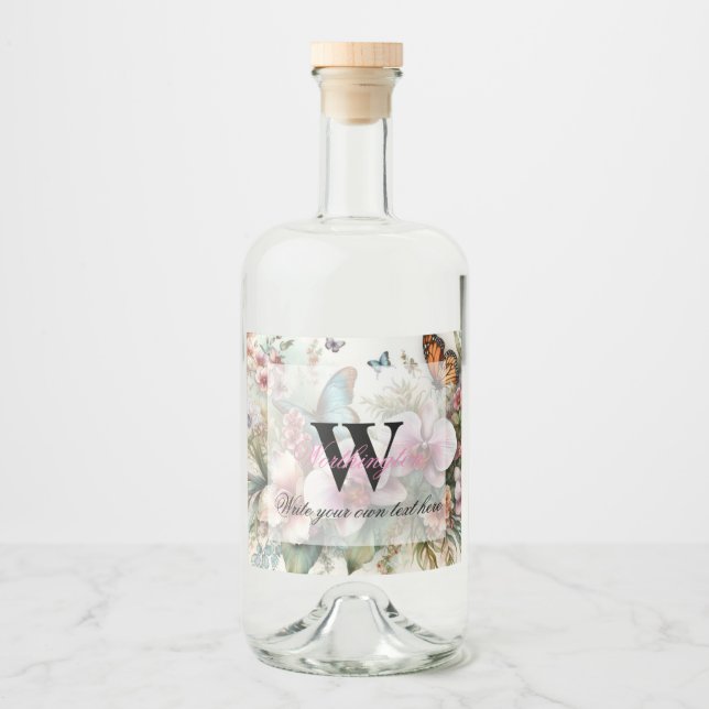 Monogramm Name Tropische Blume Blätter Aquarell Alkoholflaschenetikett (Vorderseite)