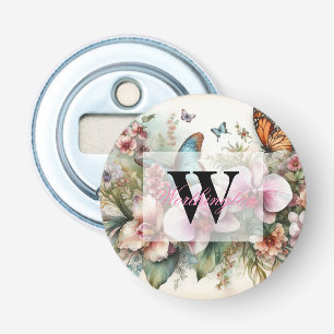 Monogramm Name Tropische Blume Blätter Aquarell Flaschenöffner