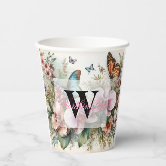 Monogramm Name Tropische Blume Blätter Aquarell Pappbecher