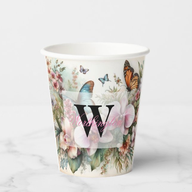 Monogramm Name Tropische Blume Blätter Aquarell Pappbecher (Vorderseite)