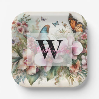 Monogramm Name Tropische Blume Blätter Aquarell Pappteller