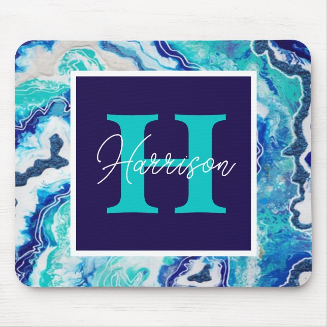 Monogramm-Name Türkis und Blauer Marmor Mousepad (Vorne)