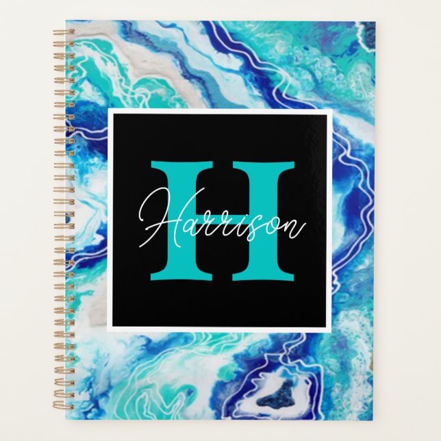 Monogramm-Name Türkis und Blauer Marmor Planer (Vorderseite)